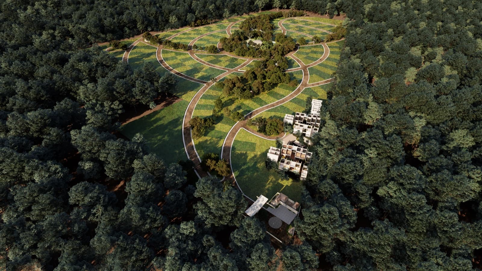 Zel'baay — render aéreo del desarrollo en la selva maya